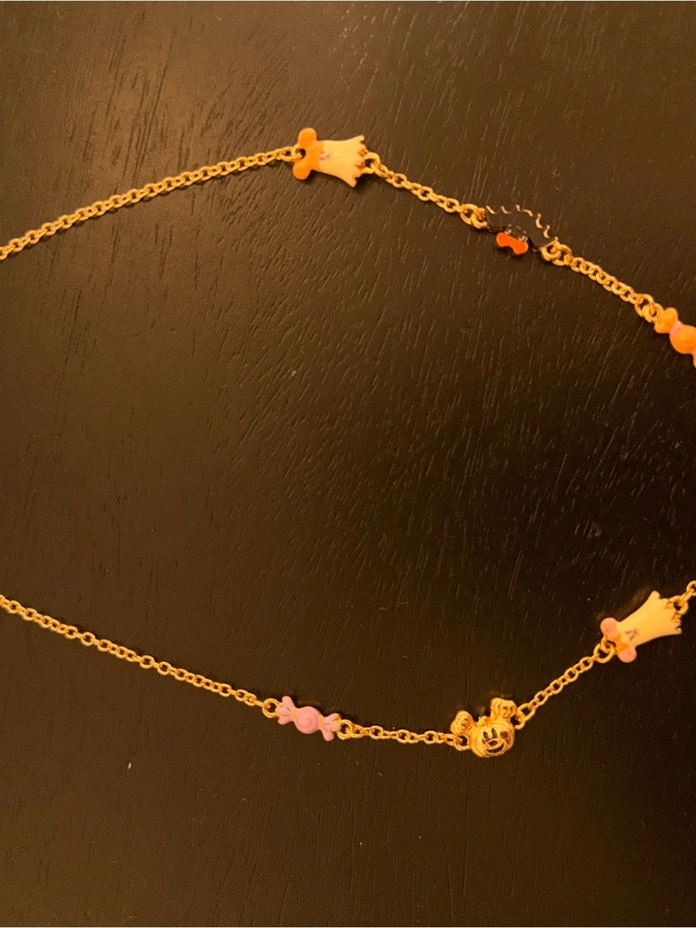 Disney Halloween Gold-Tone Necklace with Pink & orange pumpkin ghosts bat candy